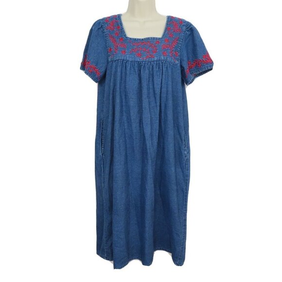 Loungees Womens Small Red Embroidered Flower Chambray House Dress Nightgown PJs - Picture 7 of 8